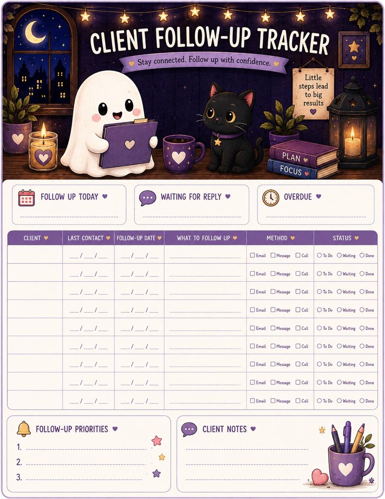 May include: A purple and white client follow-up tracker sheet featuring a cartoon ghost and black cat. The header reads CLIENT FOLLOW-UP TRACKER and Stay connected. Follow up with confidence. Includes sections for follow-up tasks, client details, and notes.
