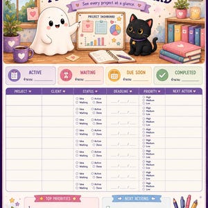 May include: A project dashboard planner sheet featuring a cartoon ghost and black cat illustration at the top. The layout includes sections for active, waiting, due soon, and completed tasks, a project tracking table, top priorities, and next actions.