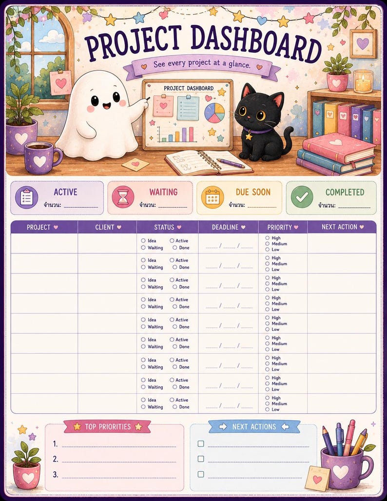 May include: A project dashboard planner sheet featuring a cartoon ghost and black cat illustration at the top. The layout includes sections for active, waiting, due soon, and completed tasks, a project tracking table, top priorities, and next actions.