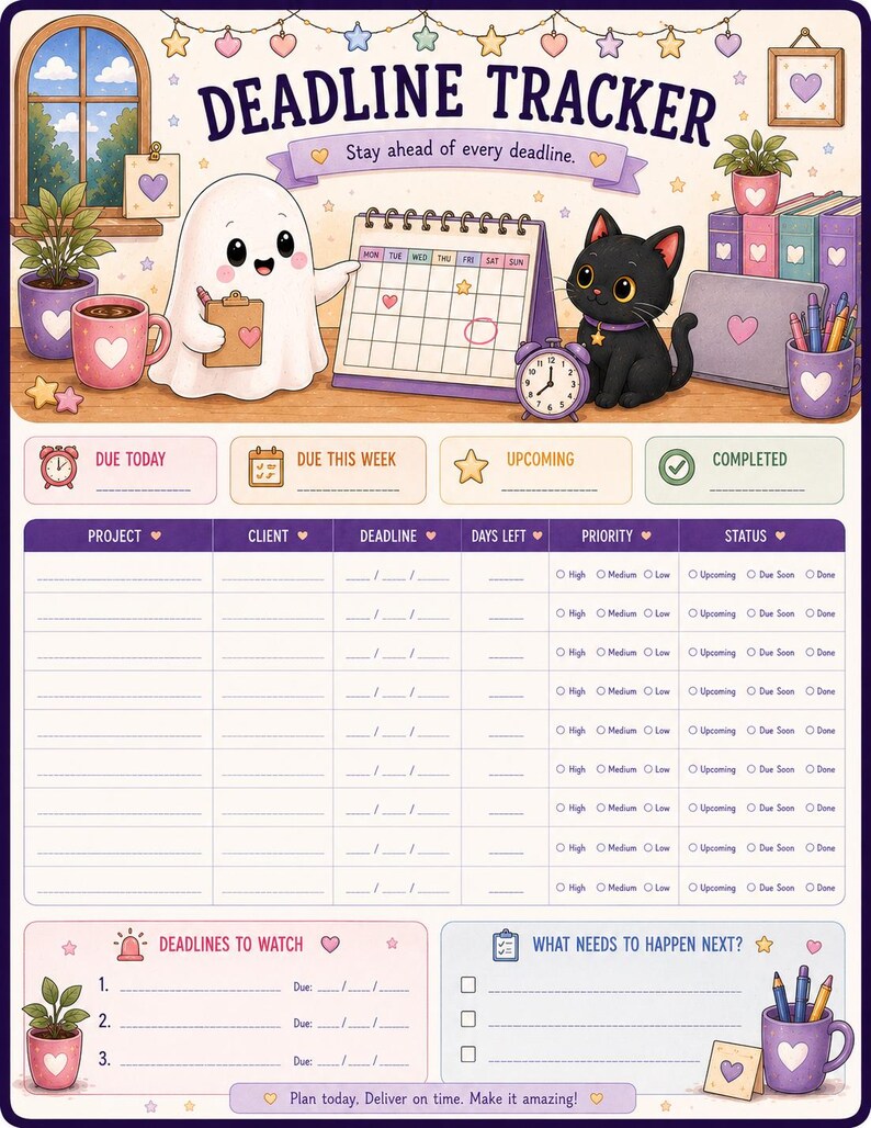 May include: A deadline tracker planner sheet featuring a ghost and a black cat. The top section includes a calendar, a desk with plants, mugs, and books. The main area contains a table for project, client, deadline, days left, priority, and status. Bottom sections include Deadlines to Watch and What Needs to Happen Next.
