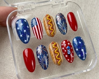 3D Hot Dog American Flag Press On Nails: Patriotic Fireworks 4th of July Nail