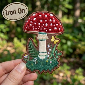 Embroidered Amanita Red Mushroom Toadstool Botanical Patch - Iron On Backing