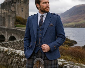 May include: A blue tweed blazer and matching waistcoat worn over a white collared shirt with a plaid tie. The outfit includes a grey and black plaid kilt and a brown fur sporran with a silver metal top, featuring a gold chain pocket watch.