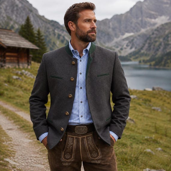 Bavarian Trachten Jacket Men Traditional German Wool Coat Oktoberfest Outfit Alpine Hunting Blazer Vintage Style