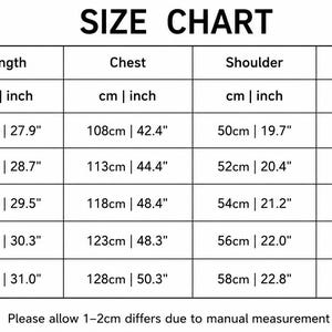May include: A black and white size chart table with the heading SIZE CHART. It lists tag sizes S through XXL with corresponding length, chest, shoulder, and sleeve length measurements in both centimeters and inches. A note states 1-2cm variance.