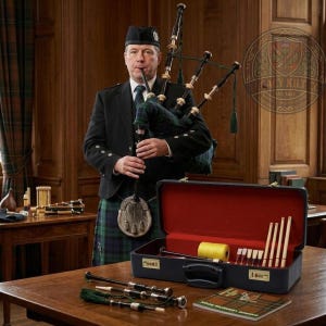 May include: A set of bagpipes with a green and blue tartan bag, black drones, and a silver-toned chanter. The set includes a black carrying case with a red interior, containing wooden reeds, a yellow spool, and additional pipe components.