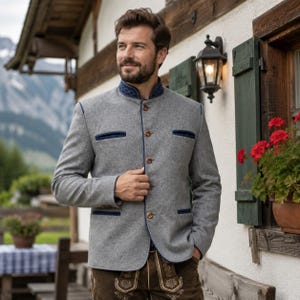Bavarian Wool Coat Mens Traditional Trachten Jacket Oktoberfest German Clothing Alpine Grey Wool Blend Folk Costume Blazer