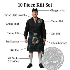 10-delat kiltset Traditionella skotska presenter | Komplett höglandsklänning | Skotska bröllopskiltar för män med sporran, tartanskilt