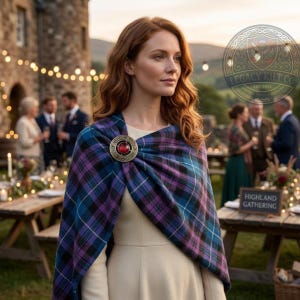 May include: A plaid shawl in shades of blue, purple, and black, secured at the shoulder with a circular metal brooch featuring an intricate Celtic knot pattern and a central red stone, worn over a plain cream-colored long-sleeved garment.