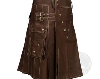 Durable Cotton Utility Kilt Brown Adjustable Pleated Tactical Cargo Kilt Rugged Mens Heavy Scottish Kilt Comfortable Workwear Handmade