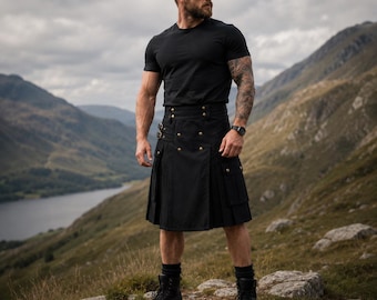 Schwarzer Utility-Kilt für Herren | Taktischer Cargo-Kilt aus Baumwollmischgewebe | Verstellbarer schottischer Arbeitskilt | Plissierter Gothic-Festival-Kilt