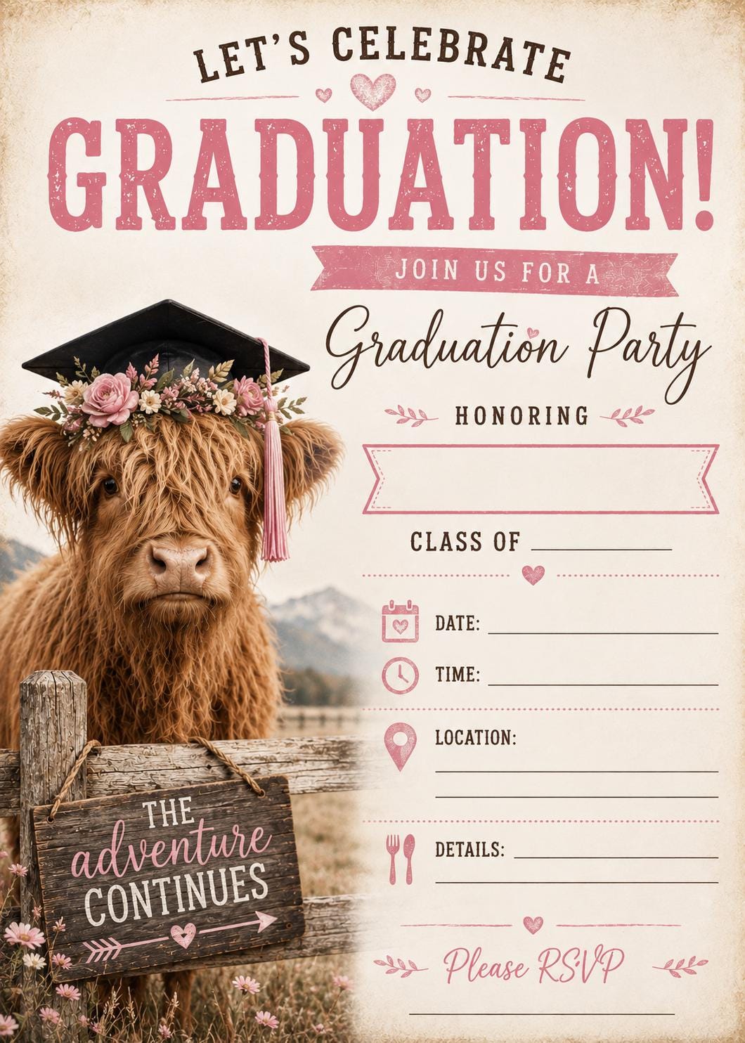 Girl Highland Cow Graduation Invitation - Etsy