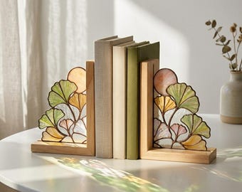Serre-livres en vitrail ginkgo, décoration botanique d'étagère, cadeau pour amateur de livres, décoration d'étagère de bibliothèque Cottagecore