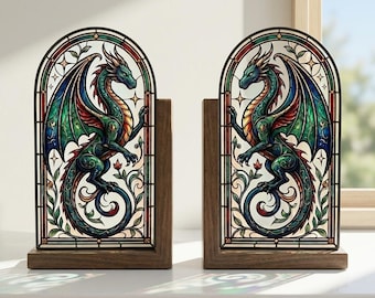 Stained Glass Dragon Bookends, Fantasy Bookshelf Decor, Book Lover Gift, Dark Academia Library Shelf Decor