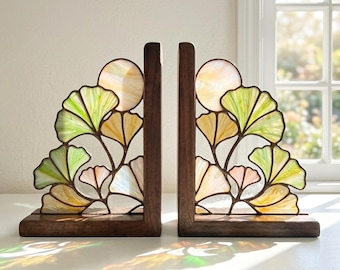 Stained Glass Ginkgo Bookends, Botanical Bookshelf Decor, Book Lover Gift, Cottagecore Library Shelf Decor