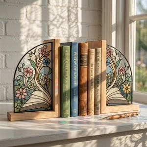 Op de afbeelding: Houten boekensteunen met een bloemenontwerp in glas-in-lood. Ze houden verschillende boeken vast, waaronder "Wildflower Field Guide" en "The Secret Garden". Een houten pen ligt voor de boeken.