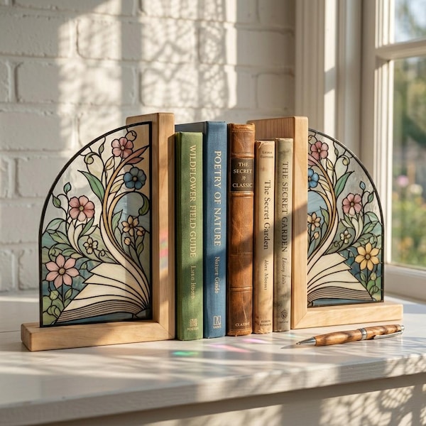 Suportes de livros florais em vitral, decoração de estante com livros abertos, presente para amantes de livros, decoração de estante de biblioteca estilo cottagecore