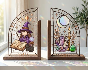 Sujetalibros de brujas de vidrieras, decoración mágica de estanterías de cristal, regalo para amantes de los libros con temática de brujería, decoración celestial para estanterías de biblioteca.