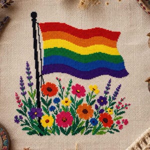 May include: A cross-stitch embroidery on beige fabric featuring a rainbow-colored flag attached to a black pole. The base of the pole is surrounded by a vibrant garden of colorful flowers including red, orange, yellow, pink, blue, and purple blossoms.