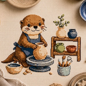 Otter Cross Stitch PDF | Animal Pottery Studio Craft Hobby Counted Embroidery Chart