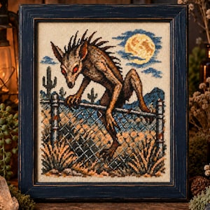 Könnte beinhalten: Ein gerahmtes Kreuzstichbild, das eine Kreatur mit stacheligem Fell und leuchtend roten Augen zeigt, die über einen Maschendrahtzaun in einer Wüstenlandschaft unter einem Vollmond klettert, eingefasst in einen dunklen, abgenutzten Holzrahmen.