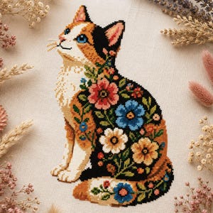 May include: A cross-stitch embroidery of a calico cat with blue eyes, featuring a black back adorned with colourful red, blue, and yellow floral patterns. The cat is depicted in profile, sitting upright on a light beige fabric background.