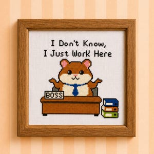 Modèle de point de croix drôle de bureau de hamster PDF | Humour sarcastique pour bureau de collègue, cadeau de travail kawaii, broderie, tableau de devis I Just Work Here