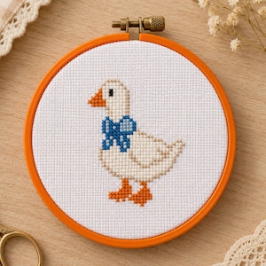 Goose Cross Stitch Pattern PDF | Cute Cottagecore Small Duck Bow Nursery Baby Room Beginner Farm Animal Mini Embroidery