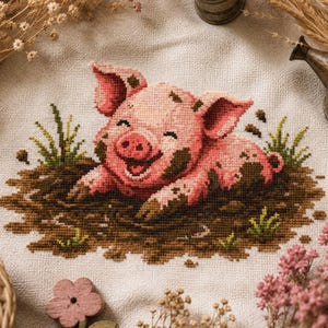 May include: A cross-stitch embroidery design on light beige fabric featuring a smiling pink piglet playing in a dark brown mud puddle with small patches of green grass. The piglet has mud splatters on its body and ears, rendered in detailed thread work.