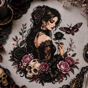 May include: A cross-stitch embroidery on light gray fabric depicting a person with dark hair in a black lace dress, surrounded by dark and pink roses, a human skull, and a moth with a skull pattern on its wings, rendered in detailed thread work.