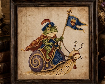 Frog Knight Cross Stitch PDF | Medieval Snail Mount Fantasy Whimsical Counted Embroidery Goblincore Cottagecore Needlework