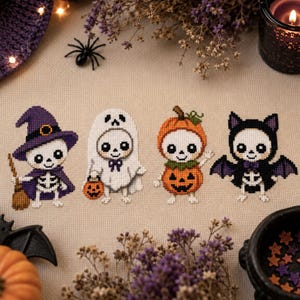 Halloween-skelett, korsstygn i PDF-format | Söt dödskalle, häxa, spöke, fladdermus, pumpa, kawaii, räknat broderi, miniset