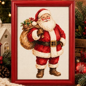 Korsstygn med vintagemotiv för jultomten i PDF-format | Traditionellt mönster för räknat broderi och nålarbete med julklappssäck