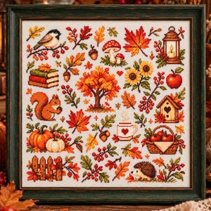 Könnte beinhalten: Ein gerahmtes Kreuzstichbild mit herbstlichen Motiven wie einem Eichhörnchen, einem Igel, Kürbissen, Sonnenblumen, einer Laterne, Büchern und einem Vogel, angeordnet auf einem weißen Stoffhintergrund in einem dunkelgrünen Holzrahmen.