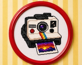 Polaroid Kamera Kreuzstichmuster PDF | Retro Regenbogen Vintage Sofortbild Fotografie 70er 80er Nostalgie Geschenk Stickerei