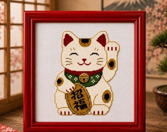 Glückskatzenkreuzstichmuster PDF | Maneki Neko Japanisch Fortune Kawaii Asien Glück Geschenk Stickerei