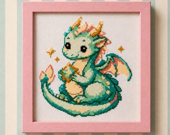 Baby Dragon Cross Stitch Pattern PDF | Cute Kawaii Dragon Pastel Fantasy Nursery Cottagecore Magical Crystal Embroidery