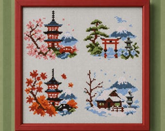 Japanese Four Seasons Cross Stitch PDF | Pagoda Sakura Torii Gate Winter Autumn Counted Embroidery Asian Sampler Needlework