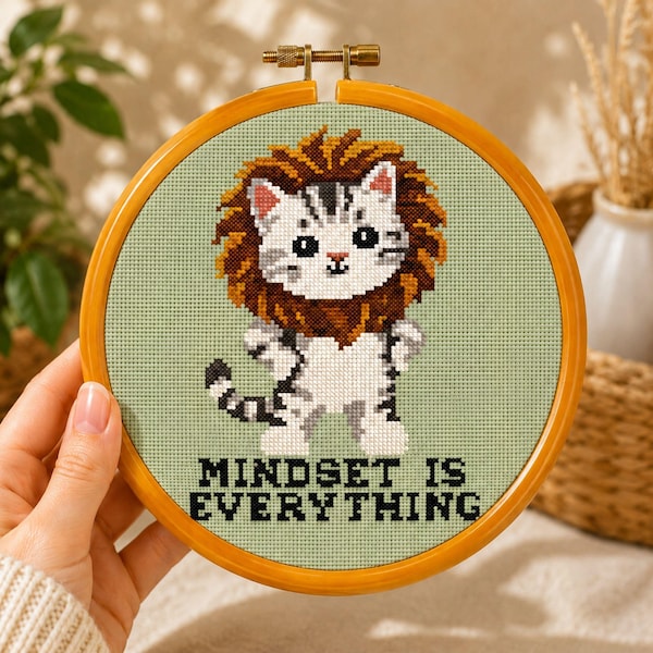 Mindset Is Everything Cross Stitch Pattern PDF | Kawaii Cat Lion Funny Quote Motivational Embroidery