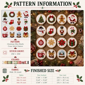 May include: A Christmas mini motifs cross stitch pattern featuring sixteen circular embroidery hoops displaying designs of a tree, wreath, gingerbread person, Santa, snowman, stocking, nutcracker, candy cane, ornament, star, poinsettia, gift, cocoa, reindeer, snow globe, and bells.