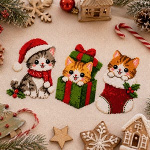 May include: A cross-stitch embroidery on beige fabric featuring three kittens. One wears a red Santa hat and scarf, one sits inside a green gift box with a red bow, and one peeks out of a red Christmas stocking decorated with green holly leaves.