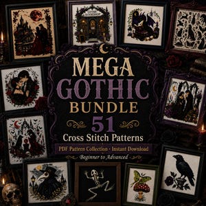 Può includere: Una collezione digitale di 51 schemi a punto croce intitolata Mega Gothic Bundle, che presenta varie illustrazioni incorniciate di scene gotiche, tra cui una libreria, un drago, un corvo, uno scheletro e coppie in ambientazioni oscure.