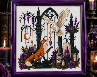 Fuchs Eule Kreuzstich Muster PDF | Witchy Gothic Moon Potion Dark Academia Cottagecore Fantasy Magisches Tier Alchemie Stickerei