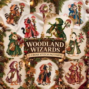 Könnte beinhalten: Eine Sammlung von Kreuzstichmustern mit dem Titel Woodland Wizards 11 Cross Stitch Patterns, die verschiedene Tiere wie einen Waschbären, eine Katze, einen Frosch, eine Eule, eine Gans, eine Krähe und einen Hasen in Kapuzenumhängen zeigt.