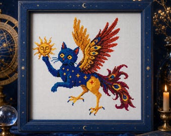 Celestial Winged Cat Cross Stitch PDF | Phoenix Fire Fantasy Star Sun Peacock Tail Counted Embroidery Witchy Magical Needlework
