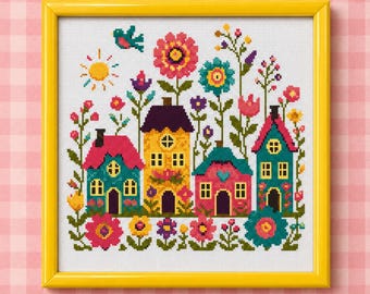 Colorful Houses Cross Stitch PDF | Folk Art Village Flowers Whimsical Town Counted Embroidery Bright Spring Needlework