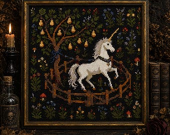 Einhorn Kreuzstichmuster PDF | Mittelalter Fantasy verzauberter Wald dunkel Cottagecore Blumen Midnight zauberhafter Garten Stickerei
