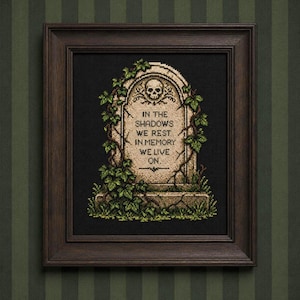 Tombstone Cross Stitch Pattern PDF Gothic Cemetery Chart Skull Ivy Memento Mori Halloween Wall Art Decor