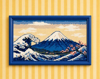 Great Wave Mount Fuji Cross Stitch PDF | Sakura Cherry Blossom Japanese Ukiyo-e Counted Ocean Embroidery Fine Art Needlework