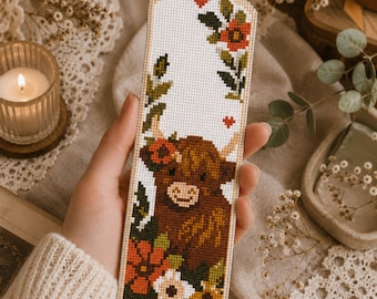 Highland Cow Bookmark Cross Stitch Pattern PDF | Floral Cottagecore Book Lover Scottish Cow Farm Animal Embroidery